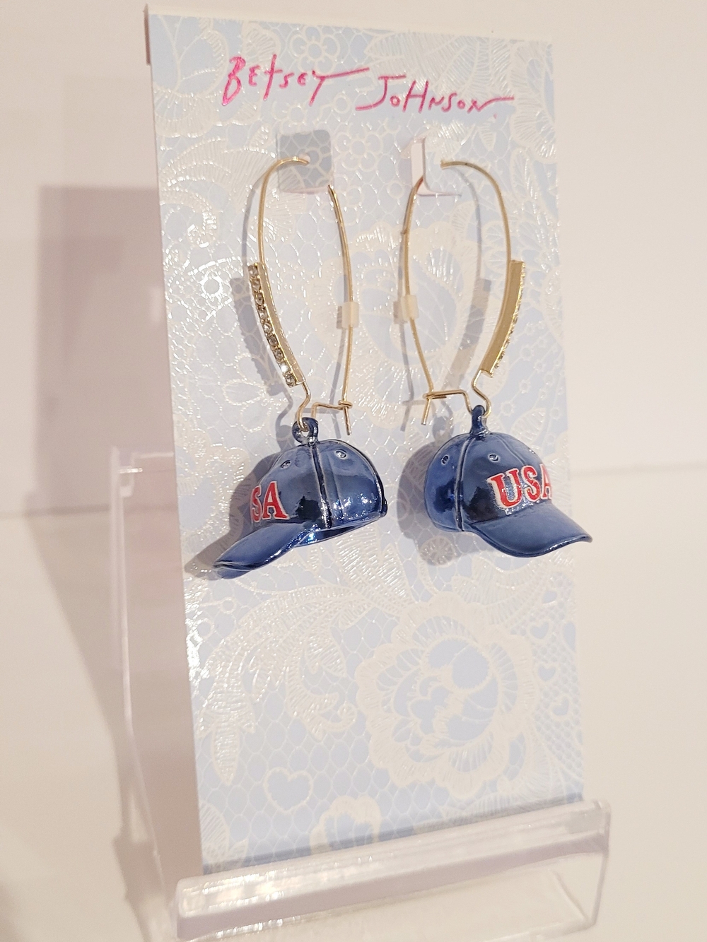 Betsey Johnson Blue USA Cap Dangle Earrings